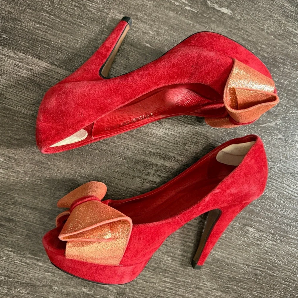 Bailing Li Ren Red Suede Platform Heels with Glitter Bow Pumps Women Size 5.5